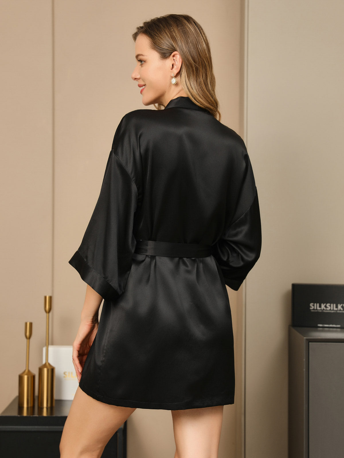 Pure Silk 3/4 Sleeve Short Women's Kimono Dressing Gown with Wrap Design