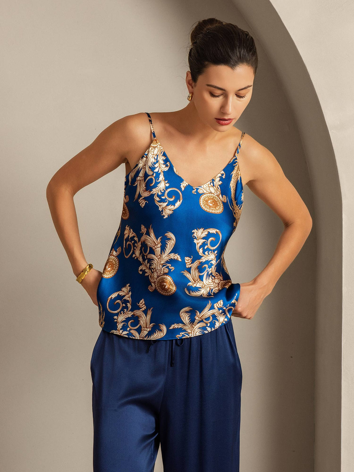 Pure Silk Dragon Print Spaghetti Strap V Neck Camisoles