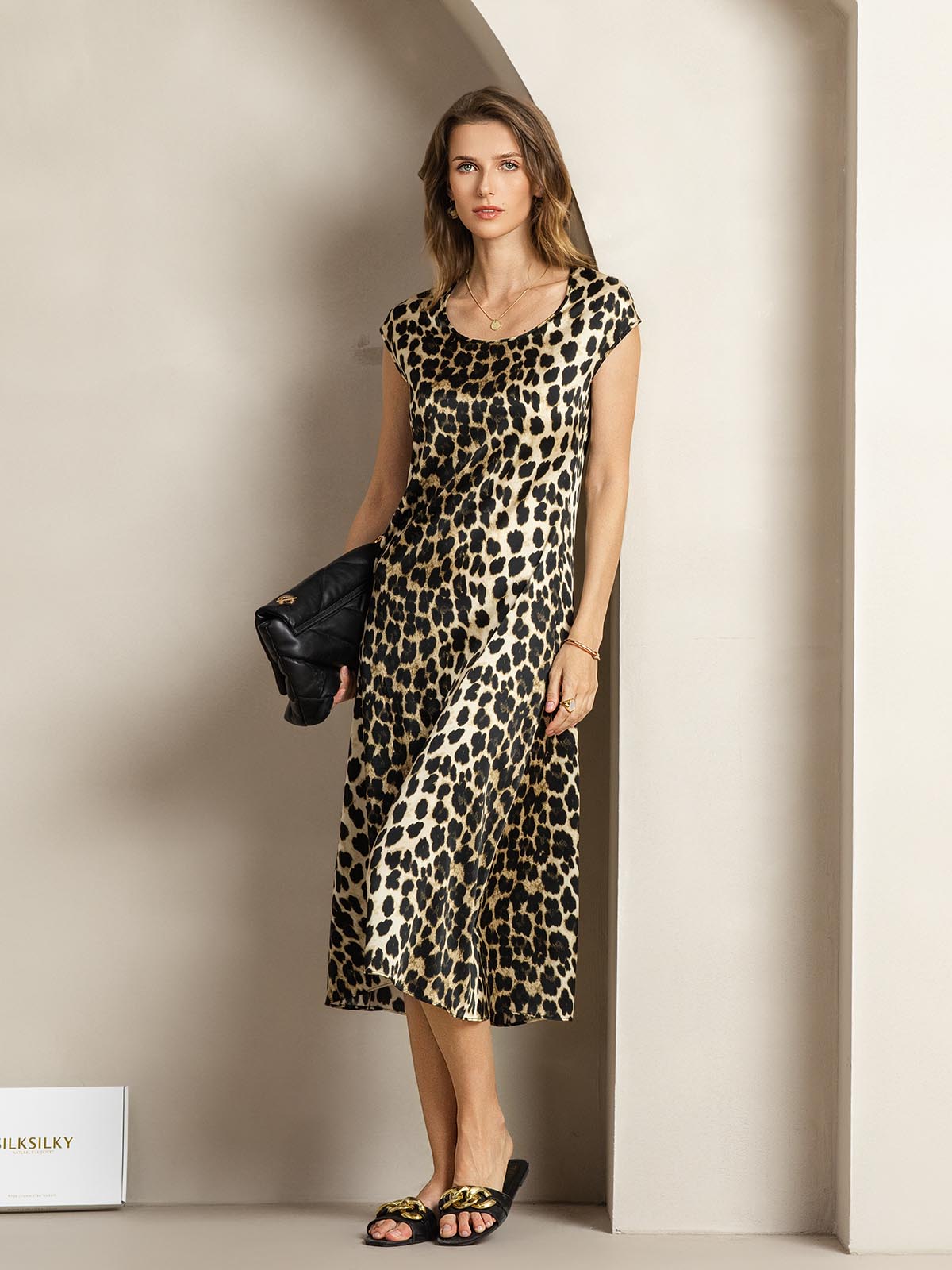 Clearance(Ships to UK Only) - 19Momme Silk Leopard Print Cap Sleeve Midi Dress