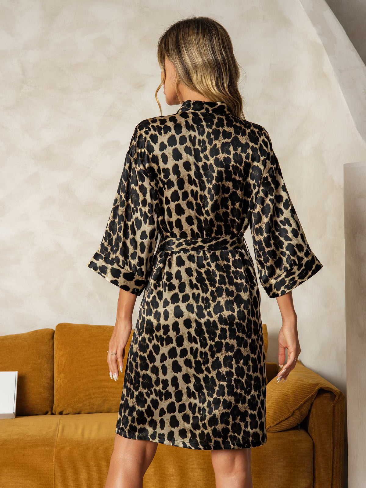 Pure Silk Leopard Print 3/4 Sleeve Women's Kimono Dressing Gown with Wrap Design