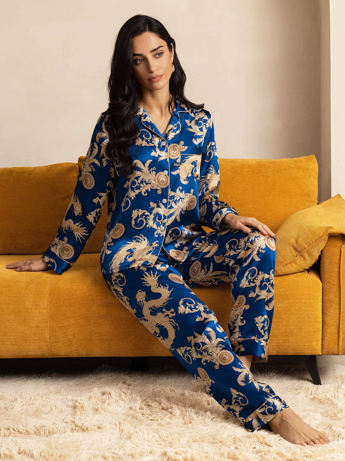 Pure Silk Dragon Print Long Sleeve Notch Collar Women's Pyjamas Set With Pants