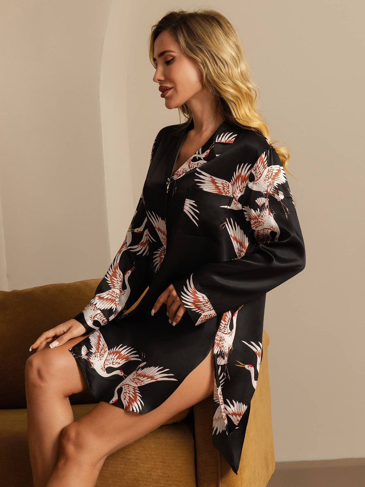 19Momme Pure Silk Crane Print Nightshirt with High-Low Hem