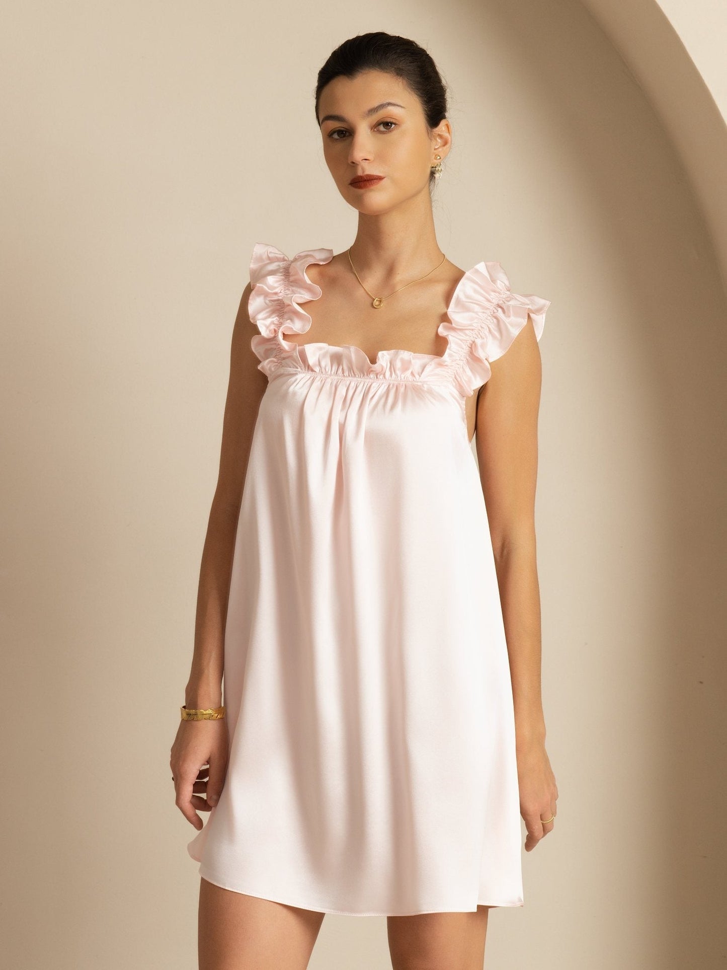 19Momme Silk Ruffle Strap Square Neck  Babydoll A-Line Short Dress