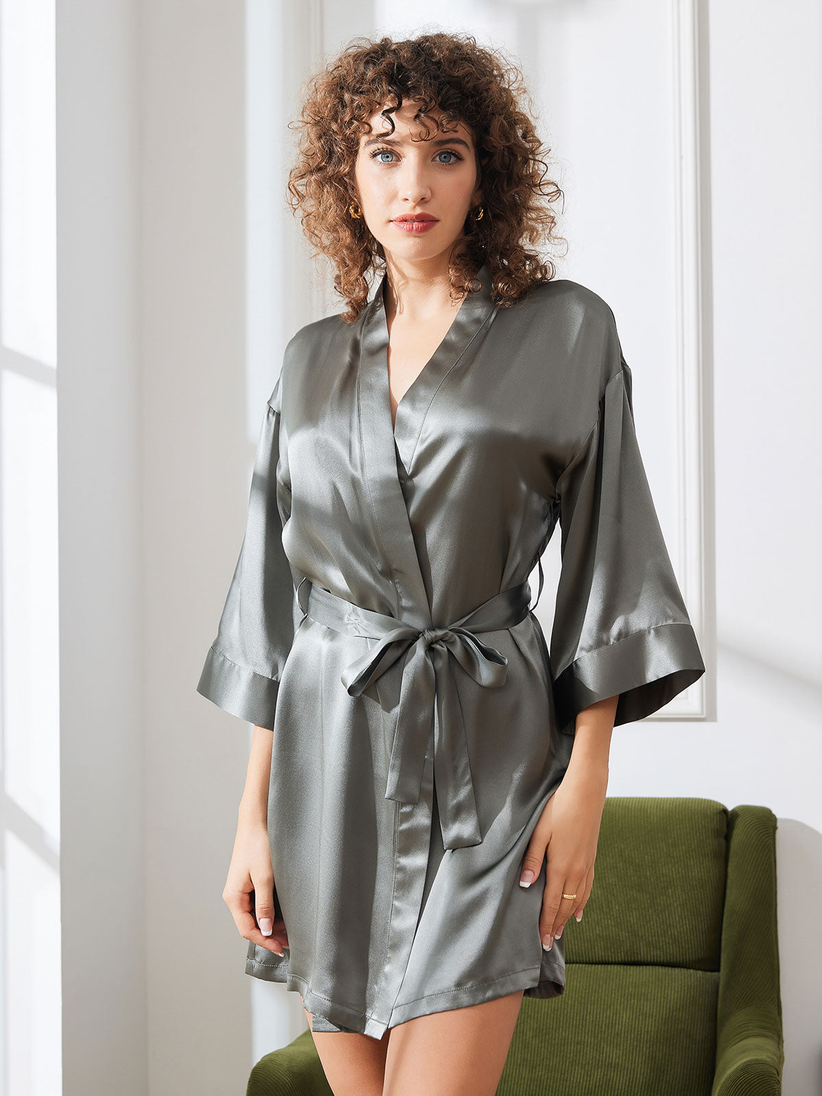 Pure Silk Short Women's Kimono Dressing Gown with Wrap Design