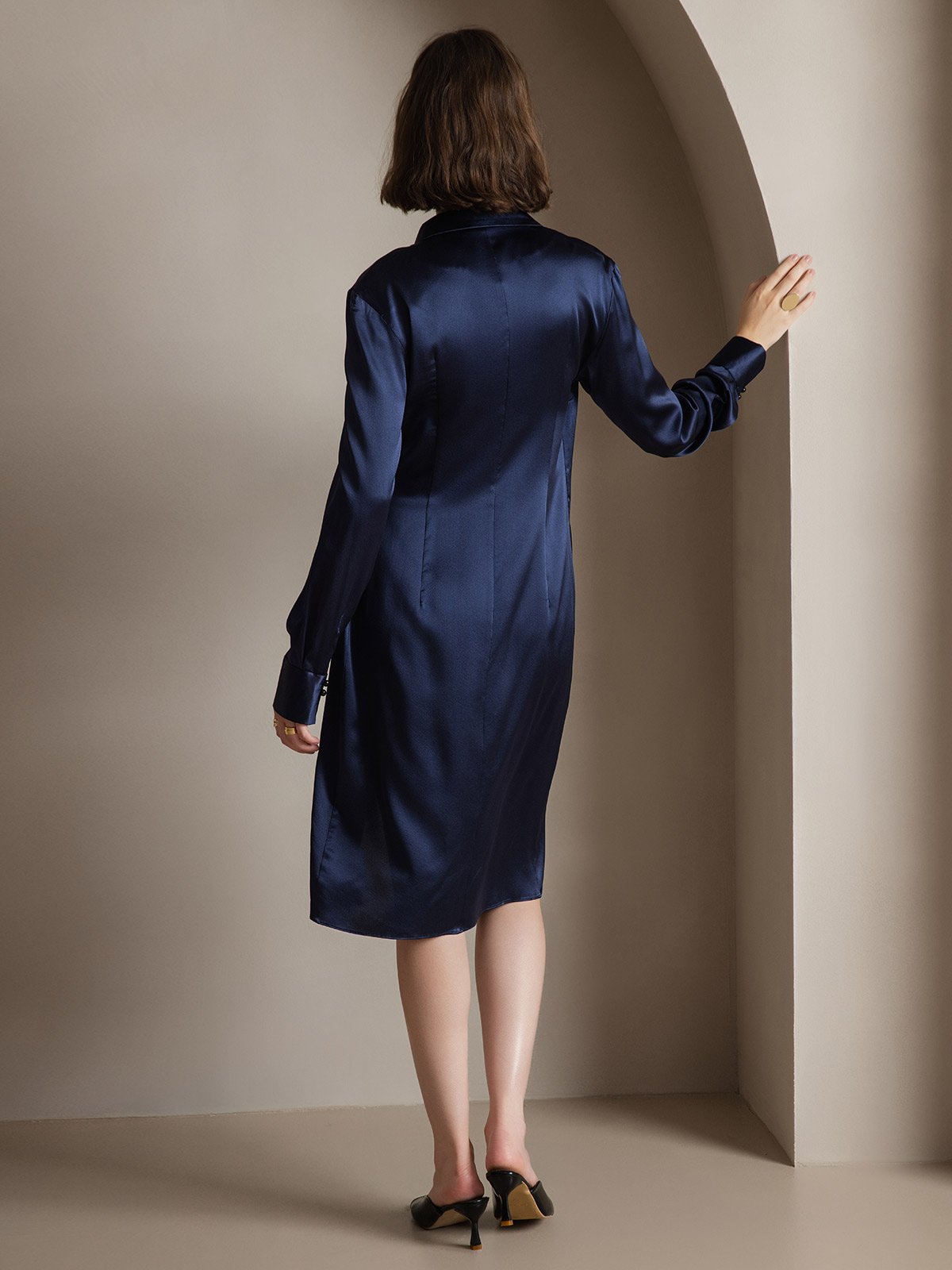 Clearance(Ships to UK Only) - 19Momme Silk Long Sleeve Lapel Collar Wrap Dress with Split Design
