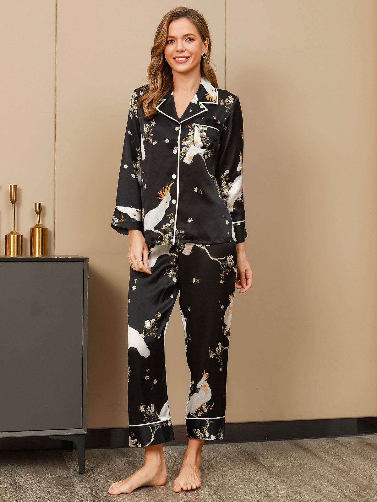 Women's Pure Silk Floral Print Long Sleeve Pyjamas Set With Pants