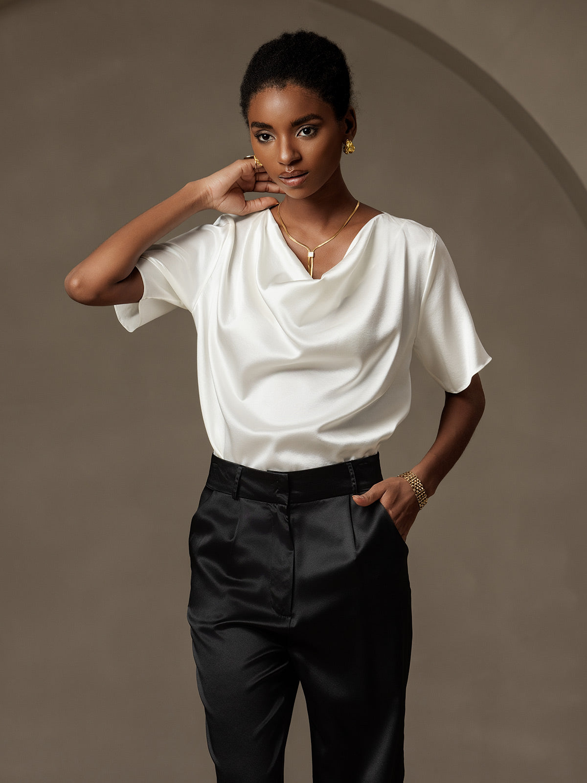 19Momme Women's Silk Short Sleeve Cowl Neck T-Shirt