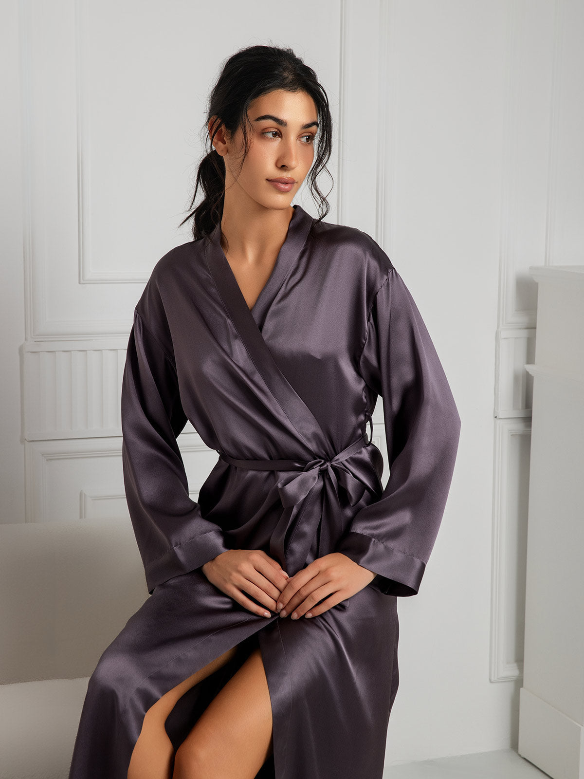 Women's Pure Silk Long Sleeve Midi Dressing Gown