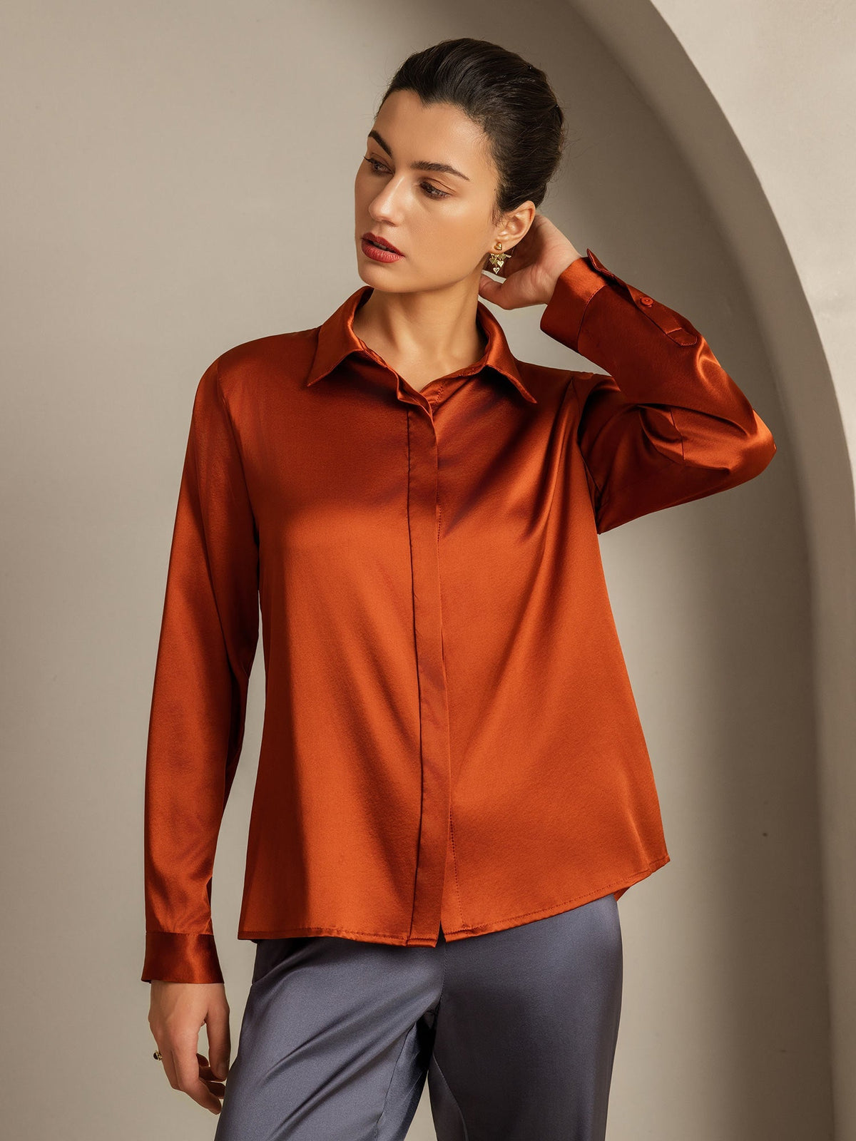 19Momme Silk Long Sleeve Lapel Collar Women's Shirt