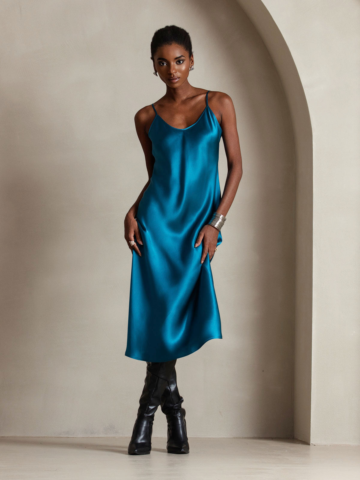 Pure Silk Spaghetti Strap V Neck Midi Dress