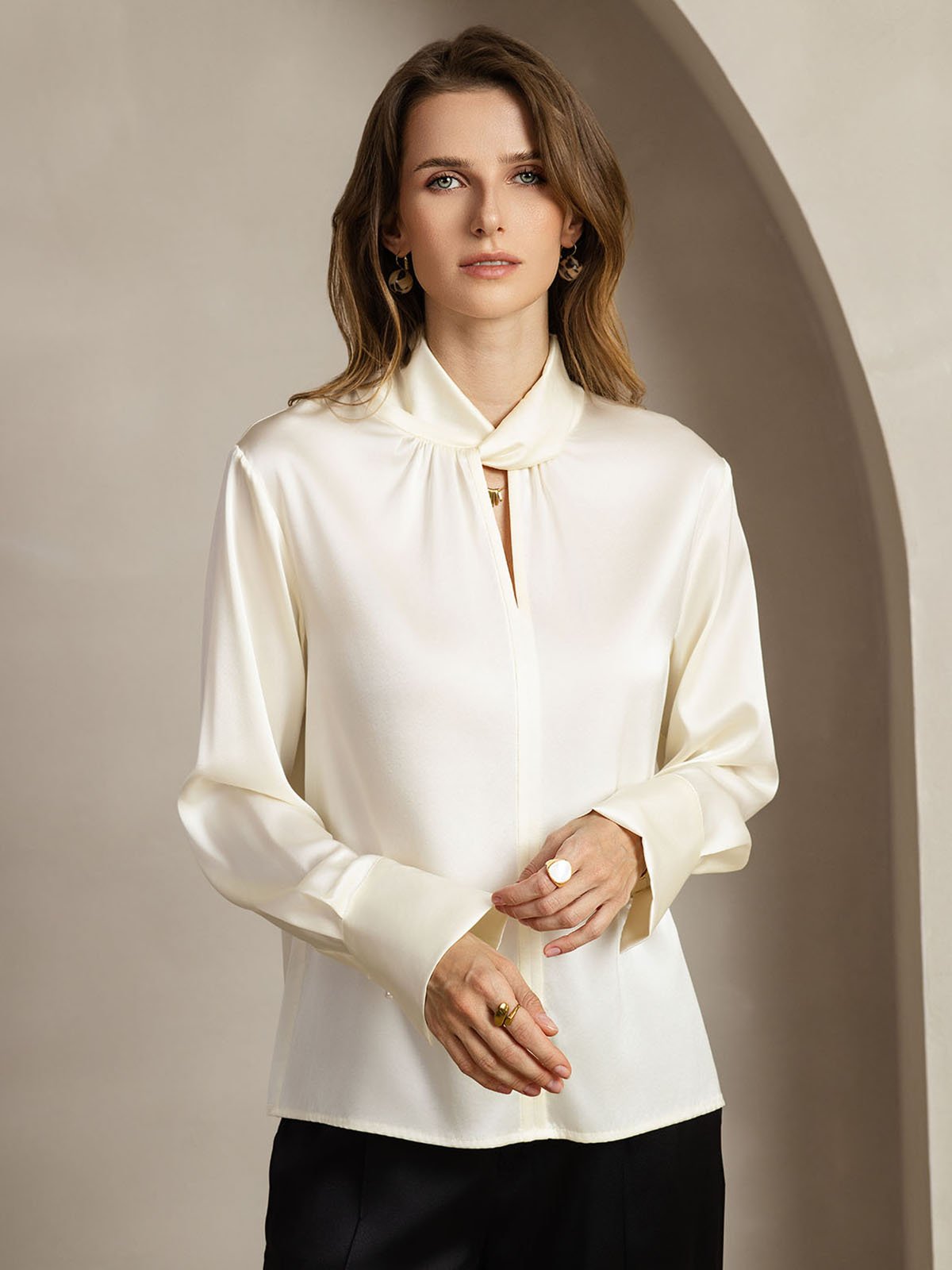19Momme Silk Keyhole Neck Blouse with Pearl Buttons