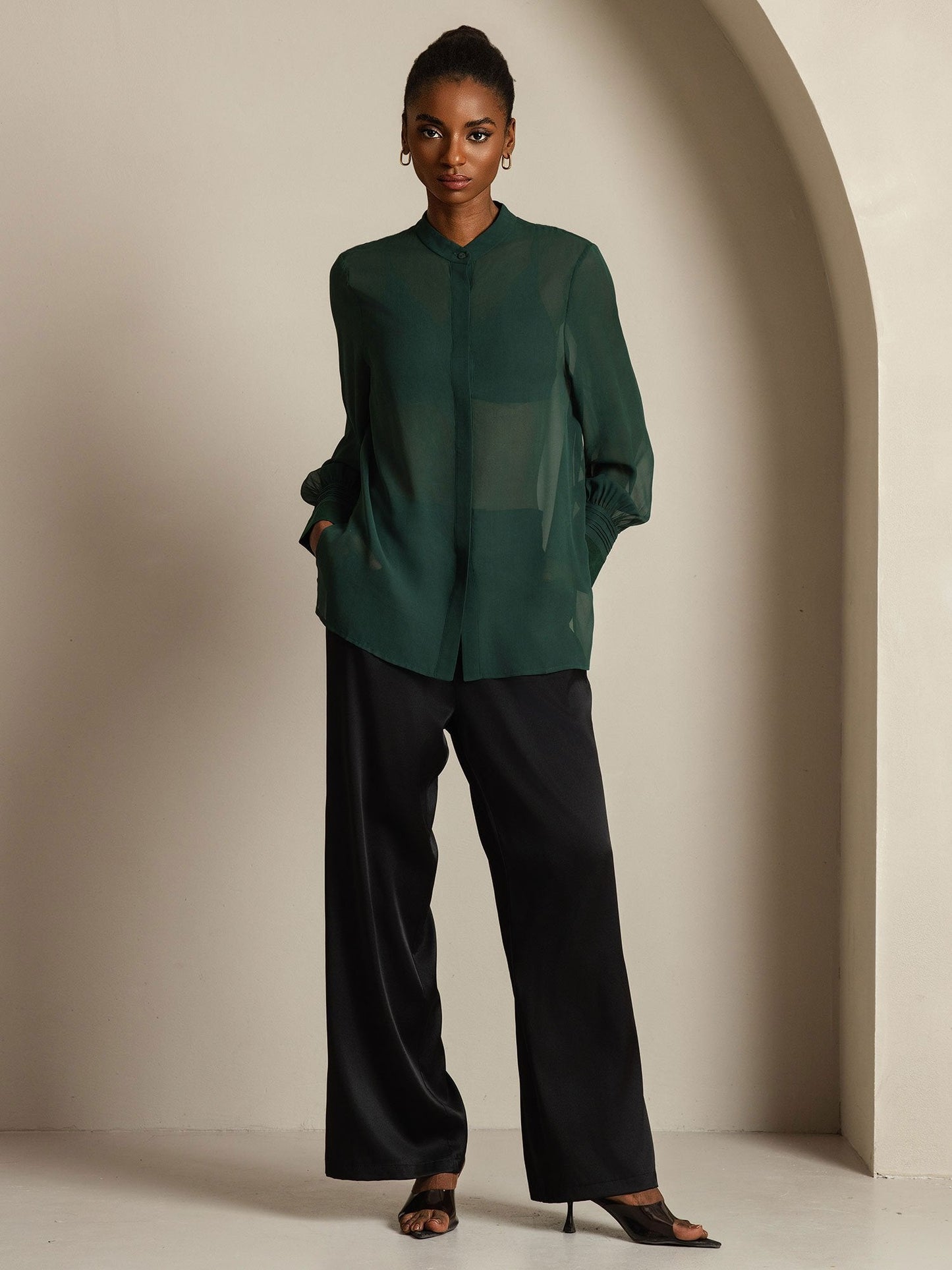 Pure Silk Long Sleeve Split Sheer Blouse