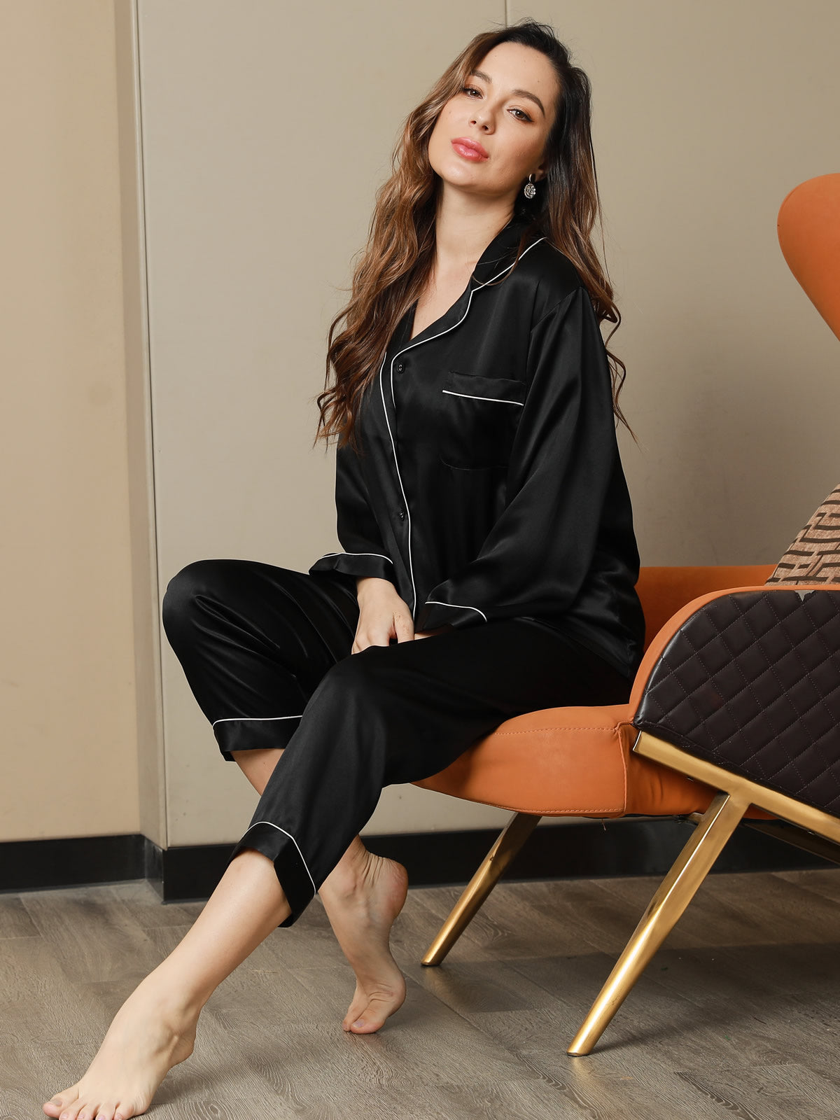 Women's Pure Silk Long Sleeve Notch Collar Pyjamas Set